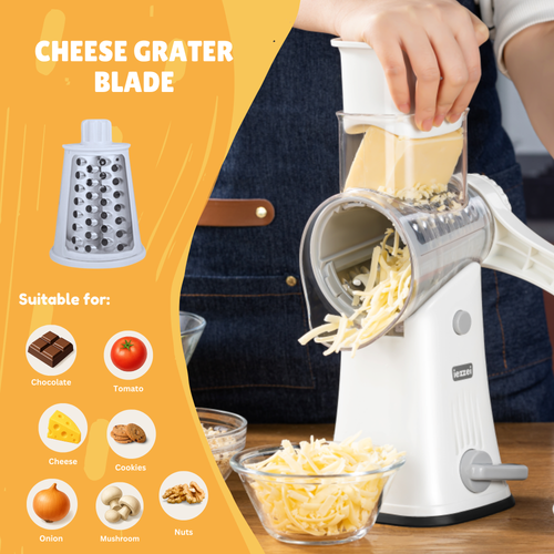 iezzei Rotary Cheese Grater Hand Crank Vegetable Slicer Cutter with 5 Stainless Steel Blades, Nut Grinder, Carrot Shredder, Fruit Slicer, Potato Crinkle Cutter, Secure & Large Suction Base with handle