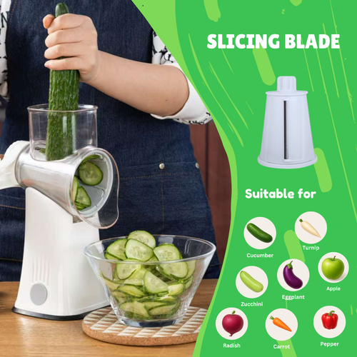 iezzei Rotary Cheese Grater Hand Crank Vegetable Slicer Cutter with 5 Stainless Steel Blades, Nut Grinder, Carrot Shredder, Fruit Slicer, Potato Crinkle Cutter, Secure & Large Suction Base with handle