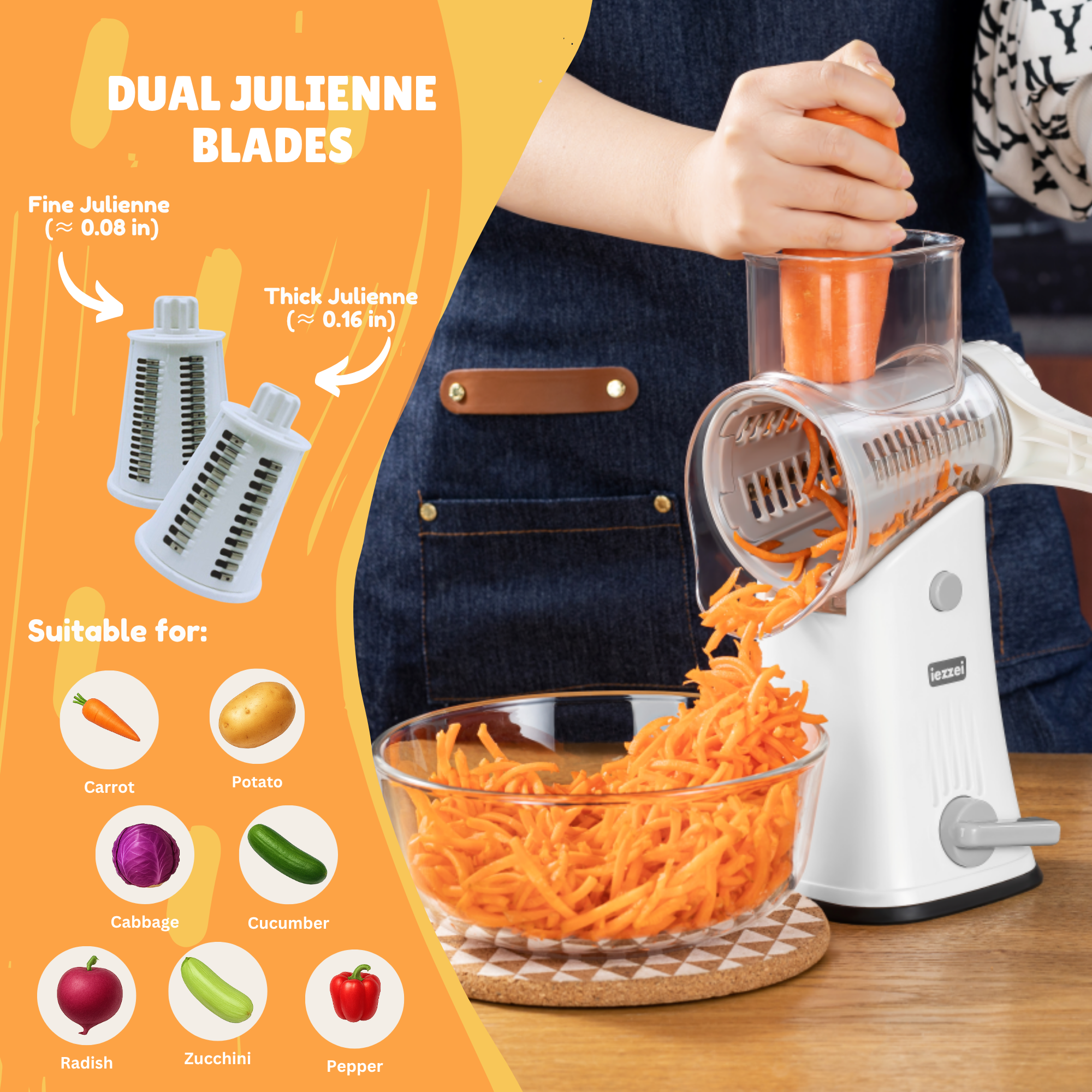iezzei Rotary Cheese Grater Hand Crank Vegetable Slicer Cutter with 5 Stainless Steel Blades, Nut Grinder, Carrot Shredder, Fruit Slicer, Potato Crinkle Cutter, Secure & Large Suction Base with handle