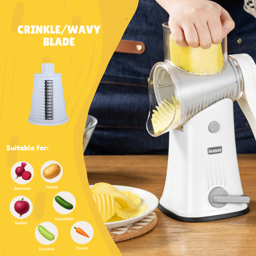 iezzei Rotary Cheese Grater Hand Crank Vegetable Slicer Cutter with 5 Stainless Steel Blades, Nut Grinder, Carrot Shredder, Fruit Slicer, Potato Crinkle Cutter, Secure & Large Suction Base with handle