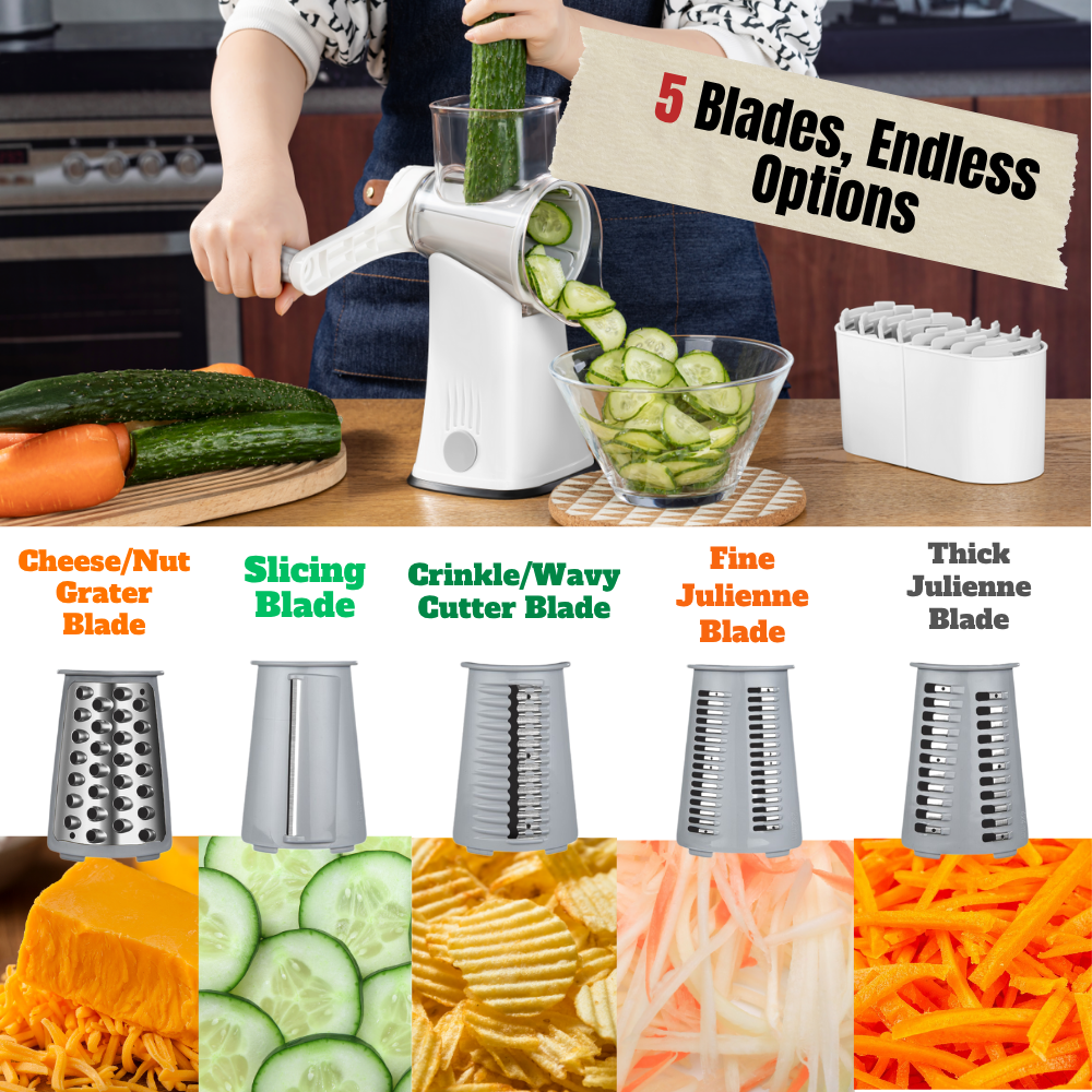 iezzei Rotary Cheese Grater Hand Crank Vegetable Slicer Cutter with 5 Stainless Steel Blades, Nut Grinder, Carrot Shredder, Fruit Slicer, Potato Crinkle Cutter, Secure & Large Suction Base with handle