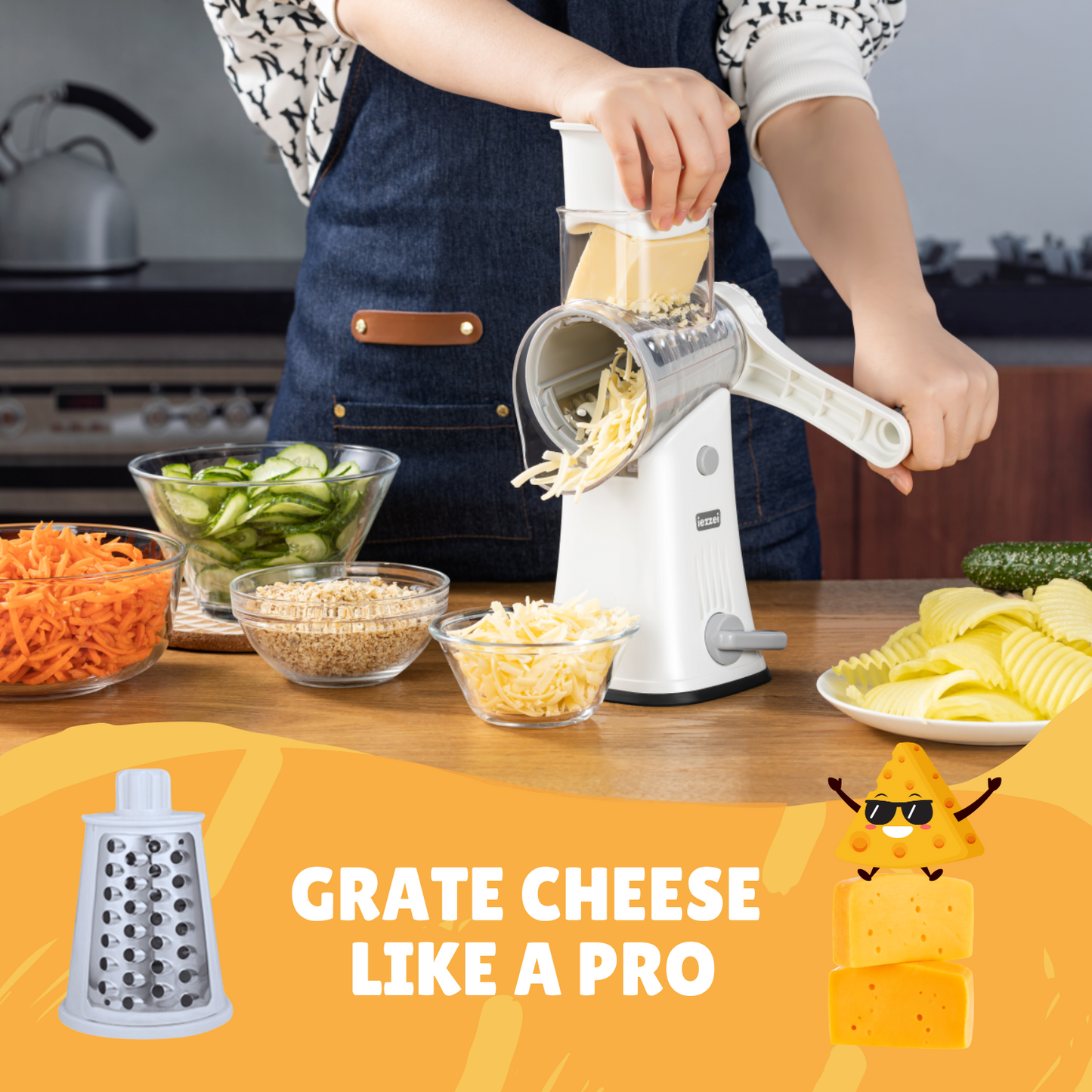 iezzei Rotary Cheese Grater Hand Crank Vegetable Slicer Cutter with 5 Stainless Steel Blades, Nut Grinder, Carrot Shredder, Fruit Slicer, Potato Crinkle Cutter, Secure & Large Suction Base with handle