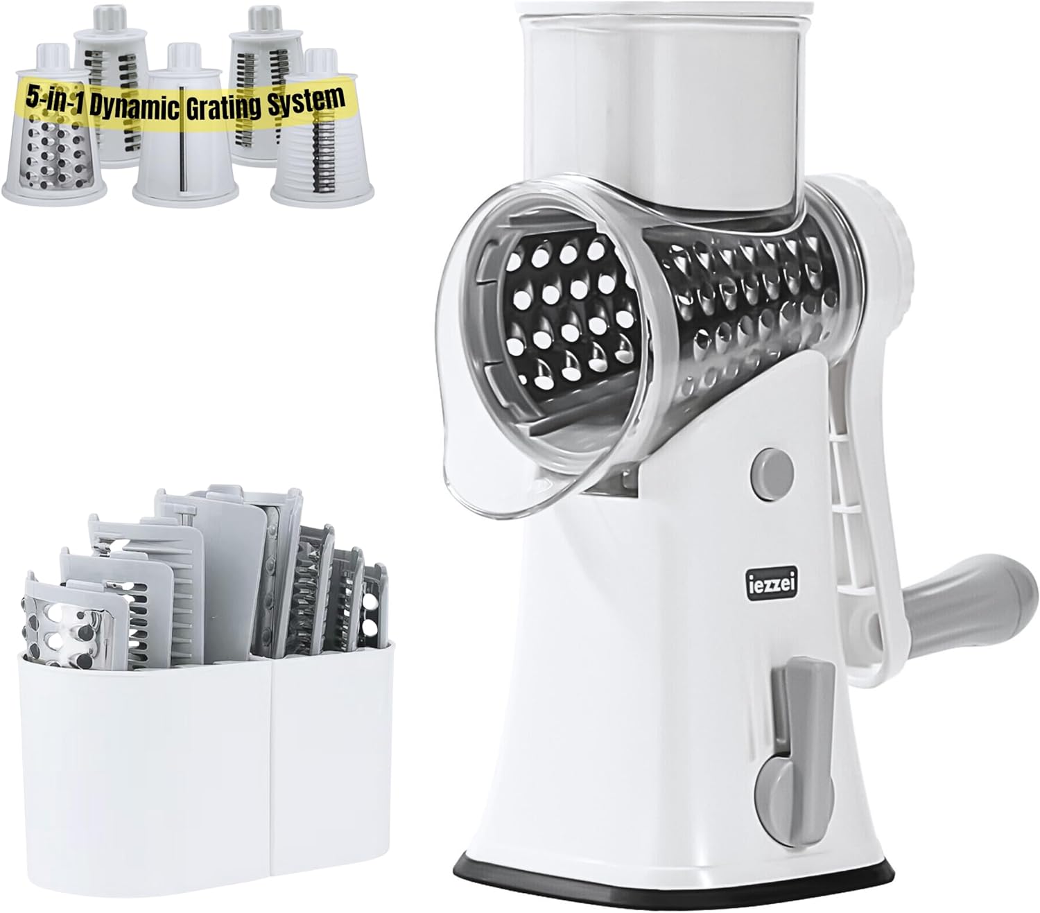 iezzei Rotary Cheese Grater Hand Crank Vegetable Slicer Cutter with 5 Stainless Steel Blades, Nut Grinder, Carrot Shredder, Fruit Slicer, Potato Crinkle Cutter, Secure & Large Suction Base with handle