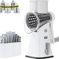 iezzei Rotary Cheese Grater Hand Crank Vegetable Slicer Cutter with 5 Stainless Steel Blades, Nut Grinder, Carrot Shredder, Fruit Slicer, Potato Crinkle Cutter, Secure & Large Suction Base with handle